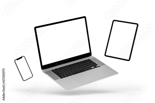 Laptop, Smartphone, Tablet mockup flying isolated with transparent screen and background png