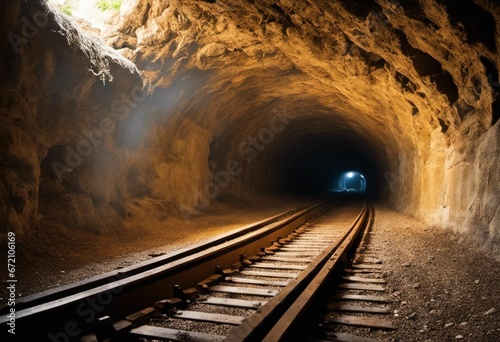 AI generated illustration of a railway track in a tunnel illuminated by lghts
