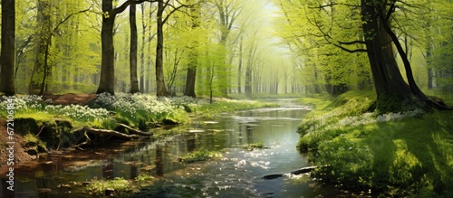 During the spring season a river flows through a forest © 2rogan
