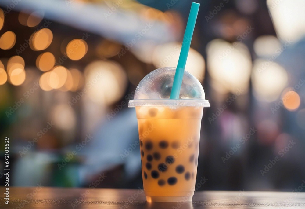 AI generated illustration of a glass of bubble milk tea on a table against a blurred cityscape AI generated illustration of a glass of bubble milk tea on a table against a blurred cityscape