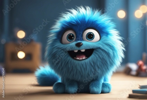 AI generated illustration of a small, blue creature happily smiling