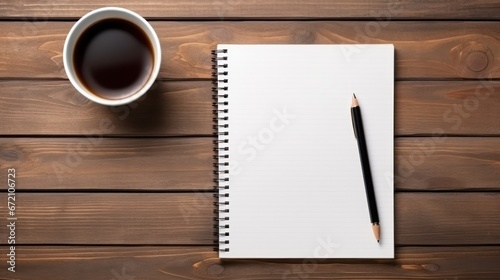 Top view of blank notebook, pen, black coffee on rough wooden table, study concept