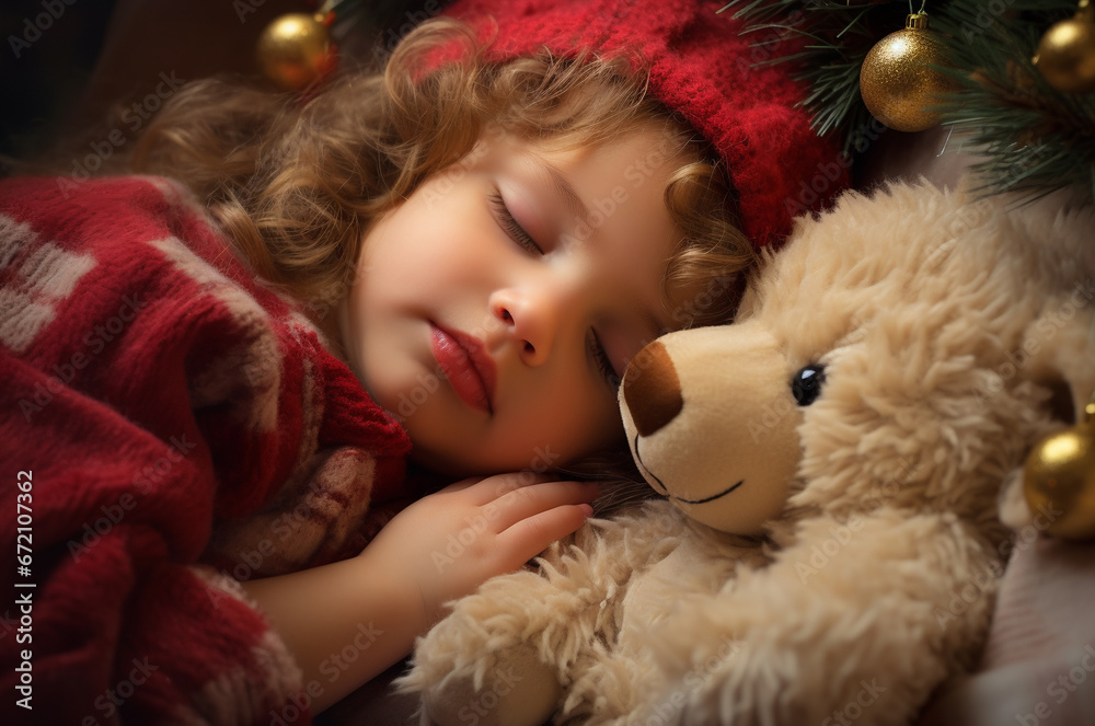 A girl after Christmas fell asleep under a Christmas tree with a teddy bear, the girl covered with a blanket A girl after Christmas fell asleep under a Christmas tree with a teddy bear, the girl covered with a blanket