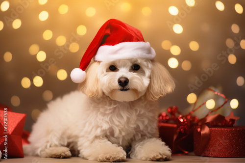 White multipoo puppy lies in a santa hat near red gifts for christmas © upssallaaa