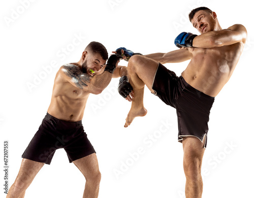 MMA. Two professional fighters punching  boxing isolated transparent background. Fit muscular caucasian athletes  boxers fighting. Sport  competition  excitement and strength