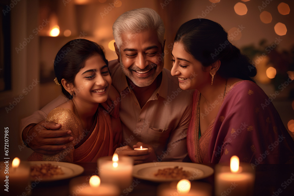 Indian ethnic senior man embracing his close relatives on the occasion of Diwali festival 