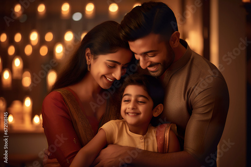 Happy moment of a young loving parents and their child on the occasion of Diwali festival.
