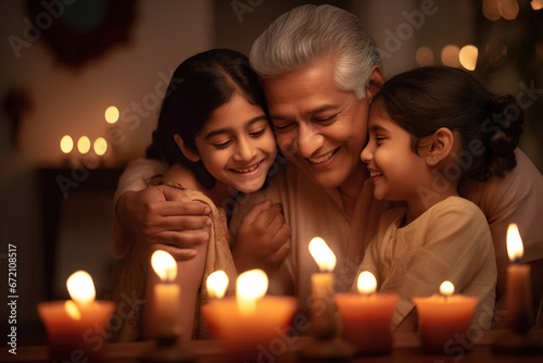 Indian ethnic senior man embracing his close relatives on the occasion of Diwali festival 