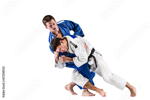 Karate fight. Two karate fighters i white and blue kimono training isolated on transparent background. Concept of combat sport, challenges, skills. Sportsmen practicing base technique