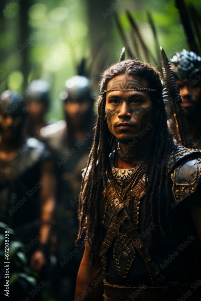 A group of archers in traditional attire practicing archery in a lush forest, Generative AI A group of archers in traditional attire practicing archery in a lush forest, Generative AI