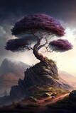 Vertical AI generated digital art of a huge tree growing on top of a hill