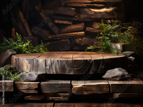 A front view of a podium constructed from rustic wood pieces, designed as a backdrop for featuring perfume, jewelry, and cosmetic products.