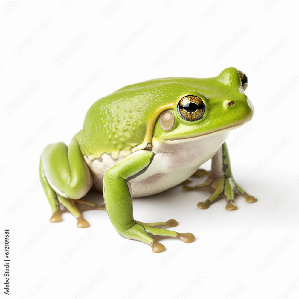 close-up of a lime green frog with reflective eyes on a white backdrop close-up of a lime green frog with reflective eyes on a white backdrop
