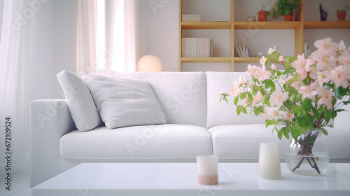 Interior of modern room with comfortable sofa. Blurred Modern white living room interior with sofa, furniture and flowers