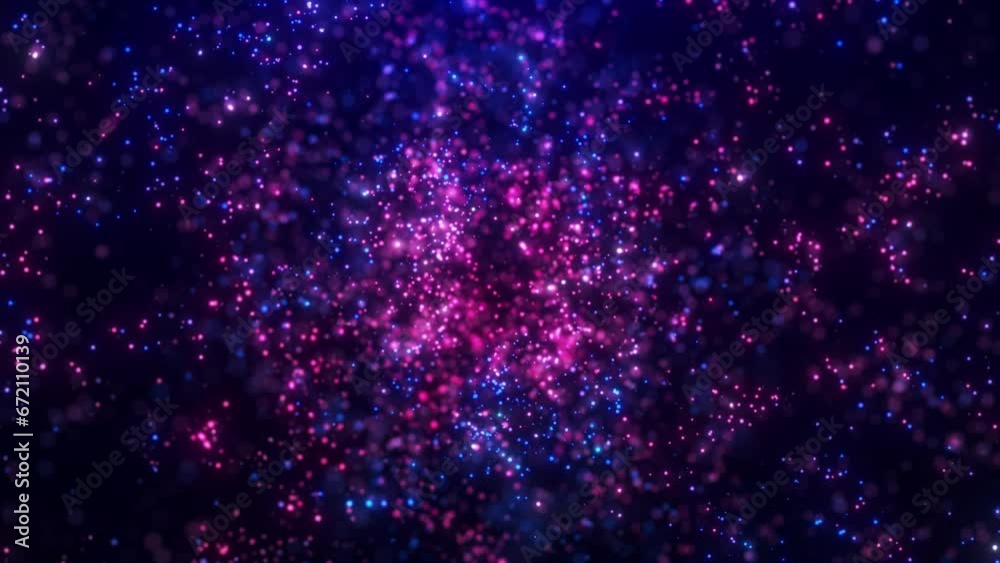 Abstract background of magic particles in blue and pink colors, particles glow and move with wave energy, beautiful nebula, fairy dust, seamless loop, 4K. Abstract background of magic particles in blue and pink colors, particles glow and move with wave energy, beautiful nebula, fairy dust, seamless loop, 4K.