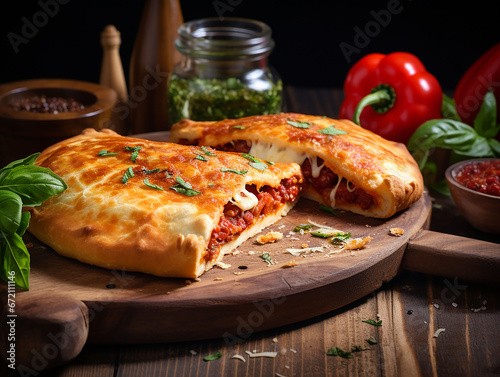 Fresh calzone pizza with vegetable ragout filling on a wooden cutting board over rustic background.