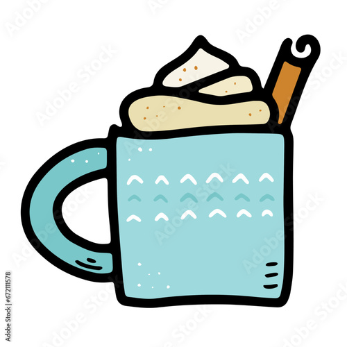 Doodle Cozy scandinavian food vector illustration. A blue cup with hot drink, foam, cream, cinnamon. Eggnog, coffee, cocoa, chocolate, milk on a white background. Winter Christmas holidays mug element