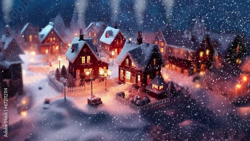 Snow scene with little houses in the night. Part2