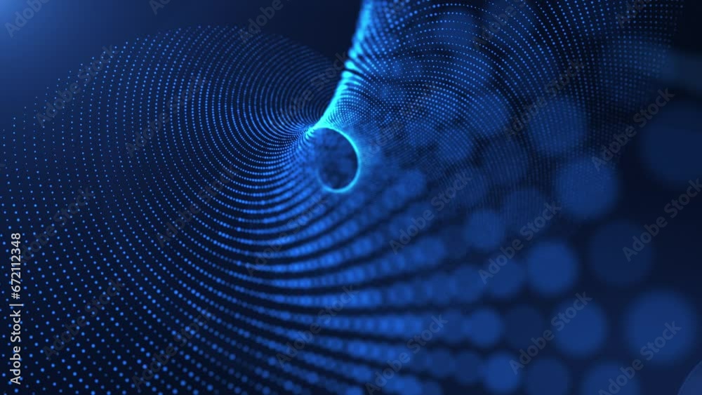 Rotating surface made of digital particles. Abstract glowing wave from of particles and dots moves on a blue background, big data visualization, futuristic and digital background, 3D, 4K