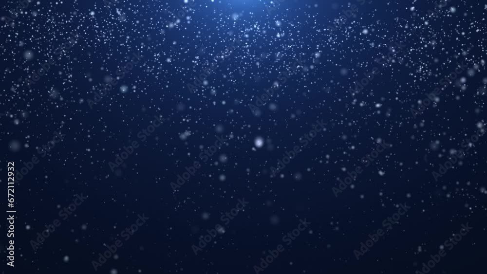 Flying snow on a blue background. 4K motion graphics. snowfall overlay, background - winter, effect of slowly falling snow. Abstract particle background. seamless loop.  animation winter weather.