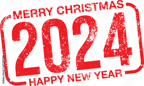2024. Merry Christmas and Happy New Year. Vector Rubber Stamp.
