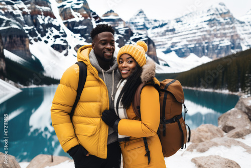 Portrait of a stylish black couple, with a backpack and jackets, with view of winter nature, mountains and the lake in the background. Moraine Lake, Alberta © Jasmina