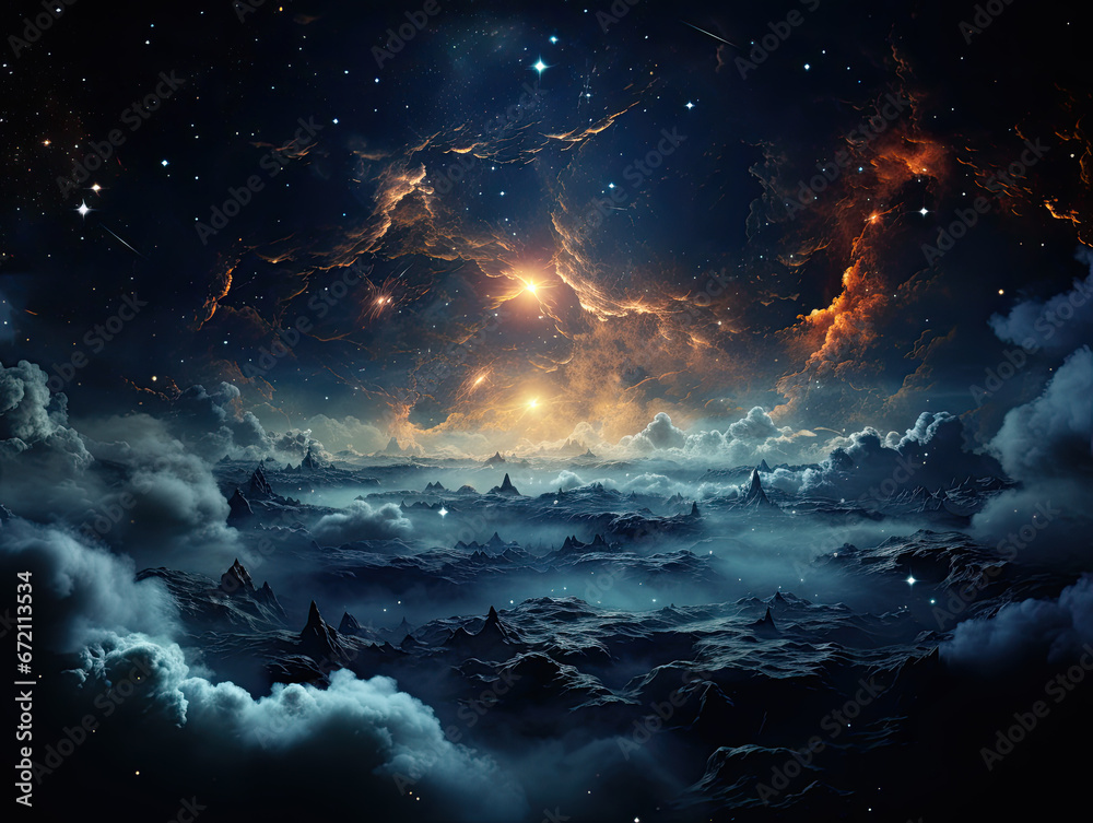 The celestial space of the night sky, adorned with clouds and stars.
