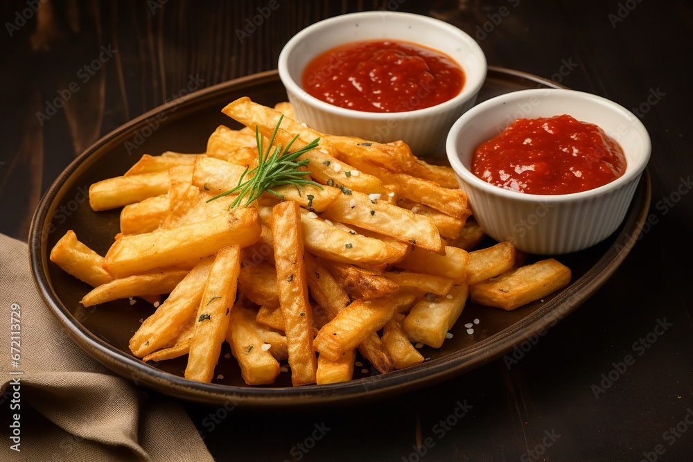 A ceramic dish of cassava fries is accompanied by a side of dipping sauce, garnished with herbs