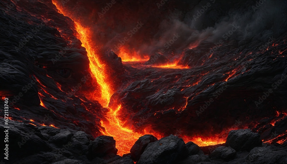 landscape with volcanic lava eruption at night