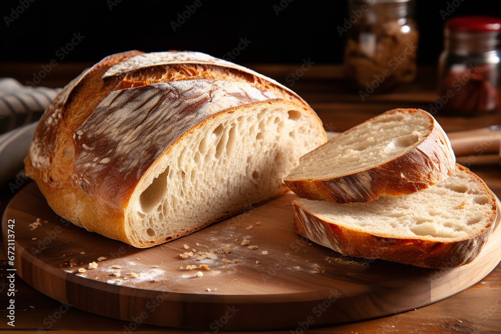 A loaf of sourdough bread is sliced and displayed on a wooden cutting board, ready for sandwiches or toasting