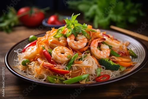 A dish of stir-fried rice noodles with shrimp and assorted vegetables, garnished with chopped scallions