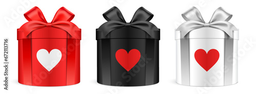 Round shape colorful gift boxes with heart icons, wrapped with satin ribbons. Red, black and white color realistic cylindrical giftbox set vector illustration isolated on white background.