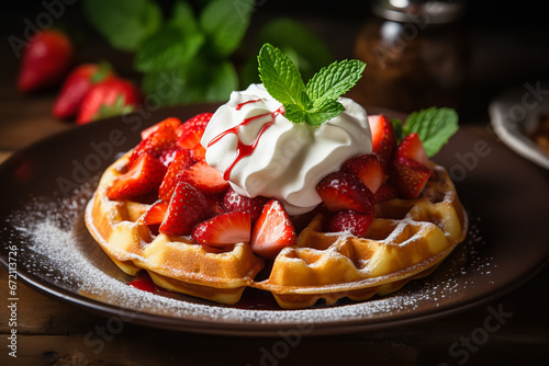 A plate holds Belgian waffles topped with whipped cream and fresh strawberries, perfect for brunch