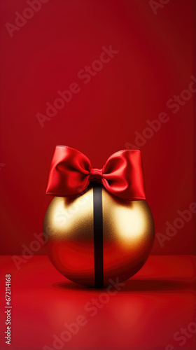 gold christmas ball with red ribbon