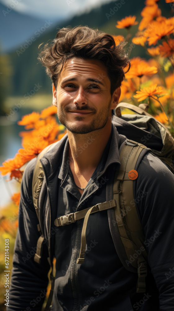 portrait of a man with a backpack in nature, in the mountains, tourist