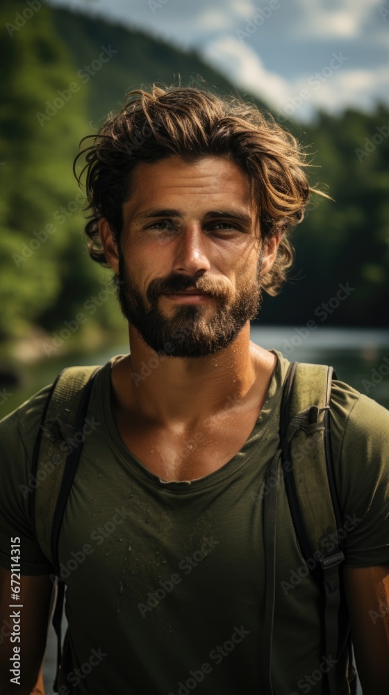 portrait of a man with a backpack in nature, in the mountains, tourist