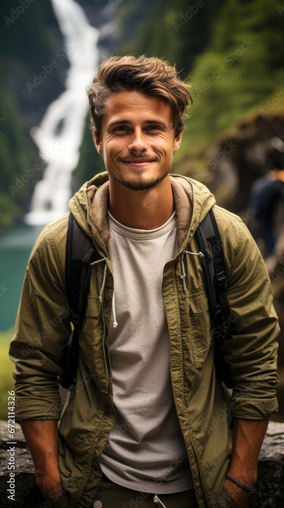 portrait of a man with a backpack in nature, in the mountains, tourist