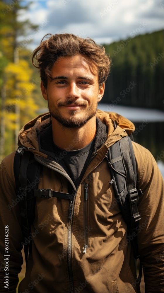 portrait of a man with a backpack in nature, in the mountains, tourist portrait of a man with a backpack in nature, in the mountains, tourist