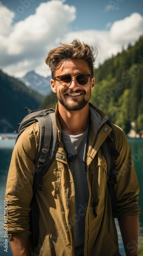 portrait of a man with a backpack in nature, in the mountains, tourist