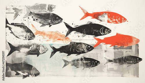 monotype engraving of swarms of fish photo