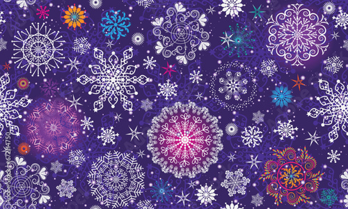 Christmas vector seamless handwork pattern with stars and lace snowflakes on a dark purple background