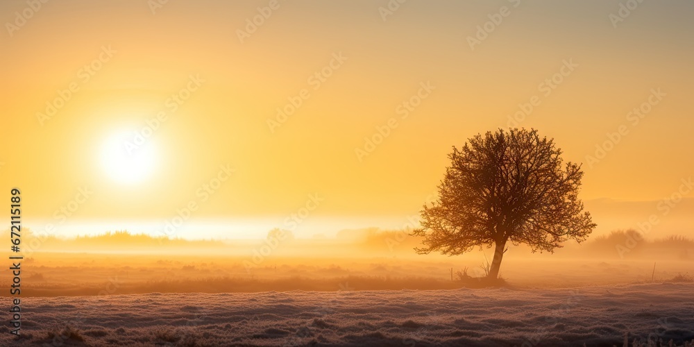 Serene sunrise. Embracing nature beauty in morning light. Captivating sunset scenery. Journey through changing seasons. Enchanting landscape. Tranquil moments in misty meadow