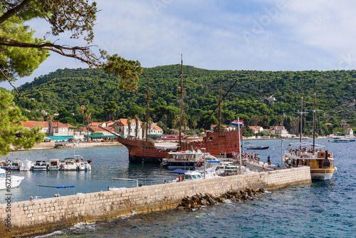 Obraz na płótnie Lopud, Croatia - August 09, 2023: Village in Lopud island, Croatia. The Elaphiti Islands is a small archipelago consisting of several islands stretching northwest of Dubrovnik w salonie