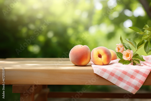Juicy nectarine on a table with a pastel background and copy space for text advertisement. Healthy juicy fruit concept. Generative AI