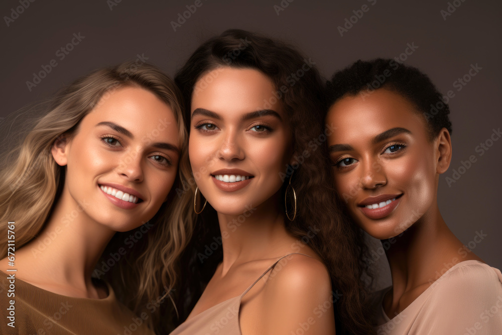Multicultural group of young women smiling together at camera, models Multicultural group of young women smiling together at camera, models