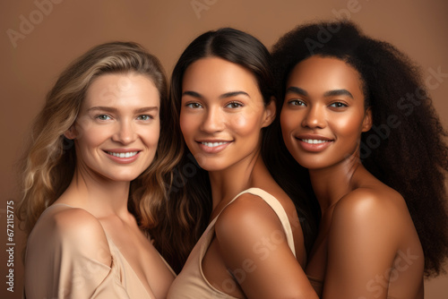 Multicultural group of young women smiling together at camera, models 