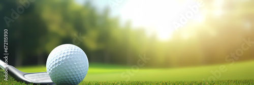 Close up golf ball with golf club on green grass field banner