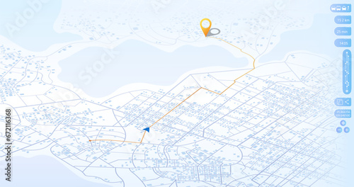 Dashboard with satellite, location and roadmap. Interface for navigation. Big data in modern city. Abstract city. Futuristic gps map navigator system, direction path, location tracks dashboard. Vector