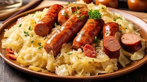 French classic Choucroute garnie with sauerkraut with sausage 
