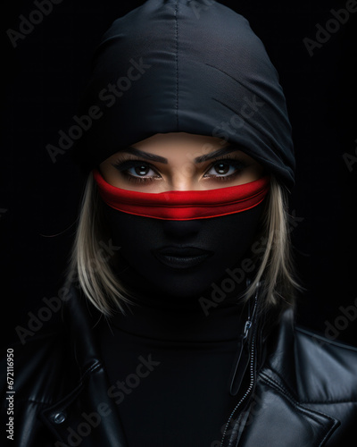 Blonde woman in traditional Japanese ninja clothing, black hood and red mask covering her face.